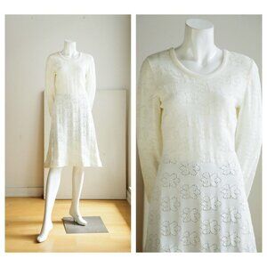 Vintage White  Knit Floral Perforated Detail Long Sleeve Modest Midi Dress M